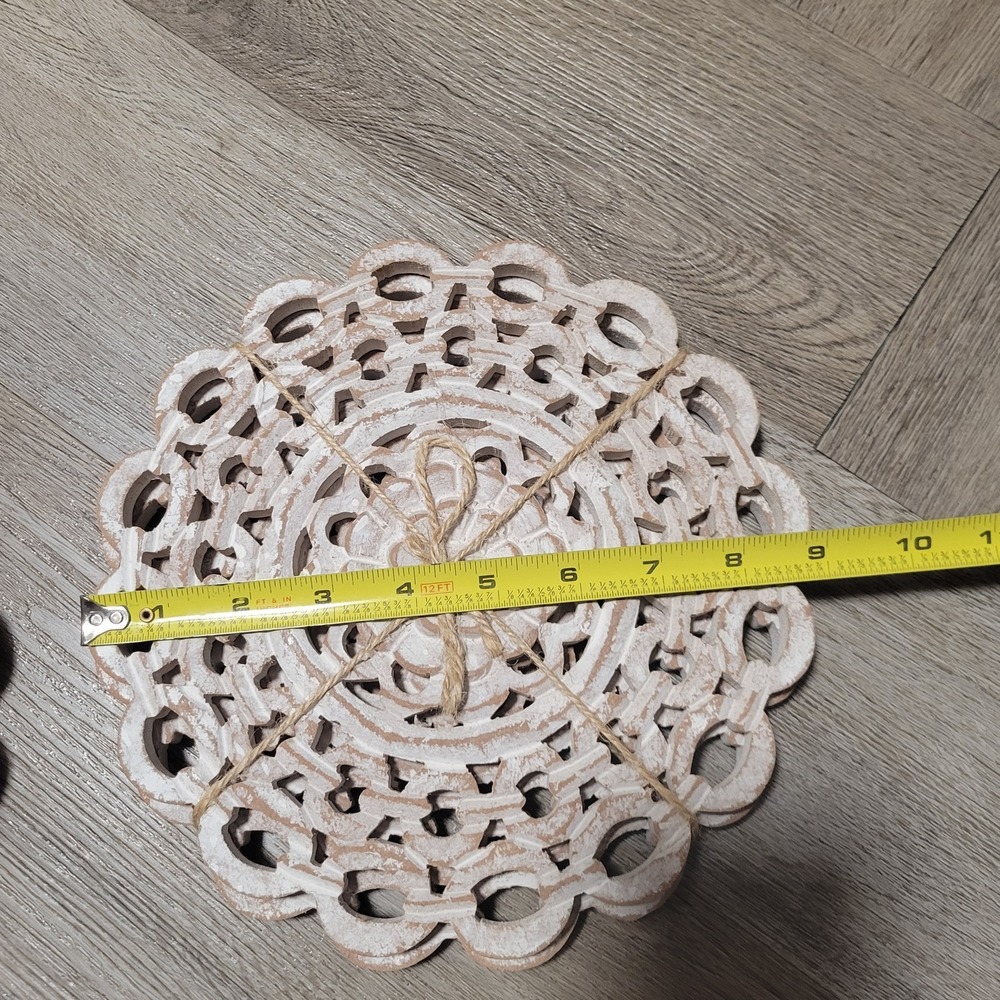 2 Sets Whitewashed Carved Wood Trivets Boho Mandala Openwork Round Tied - Picture 6 of 6